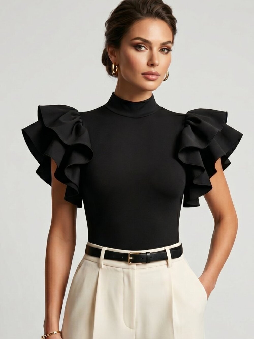 NWT | Black Mock Neck Bodysuit | Ruffle Butterfly Sleeve | Solid Front | Medium